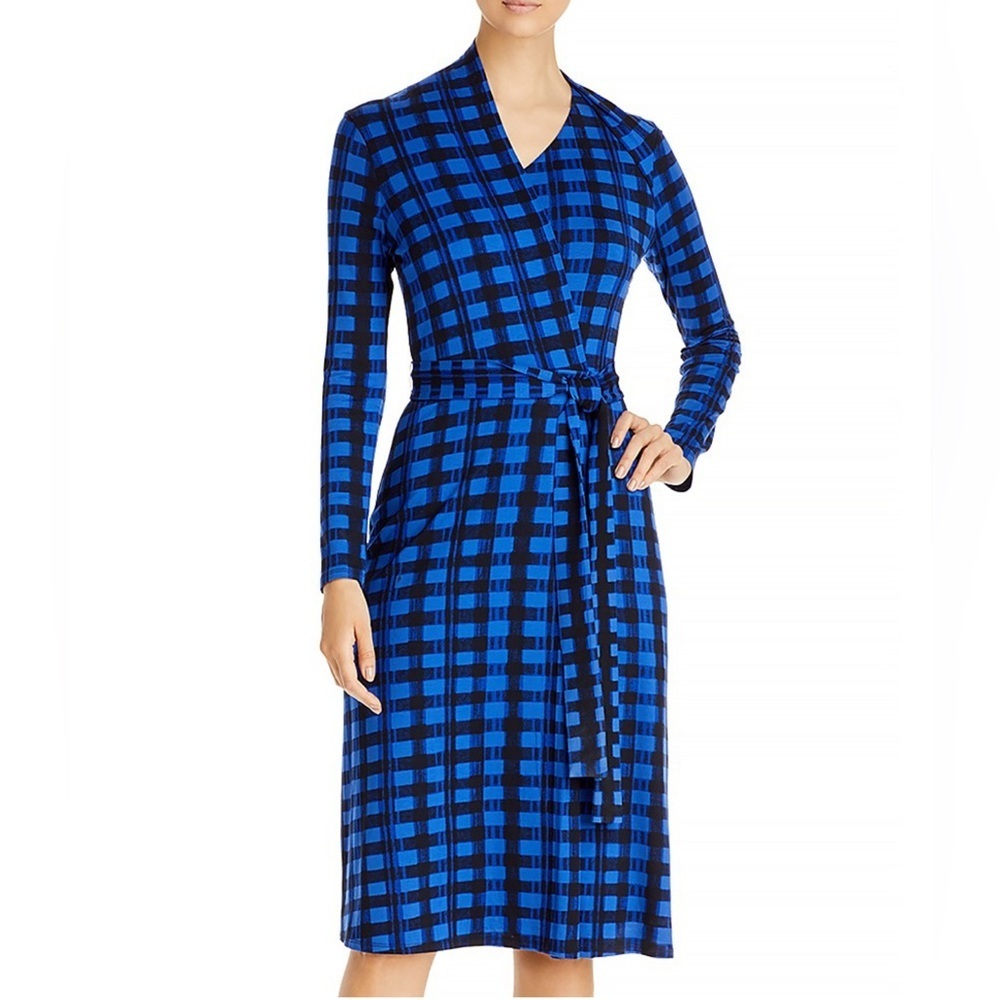 BOSS Ettay Lined Blue & Black Checkered Printed Wrap Dress Missing Belt
